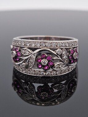 LeVian 18K White Gold Ruby Flower Diamond Wide Band Cocktail Ring Size 10
